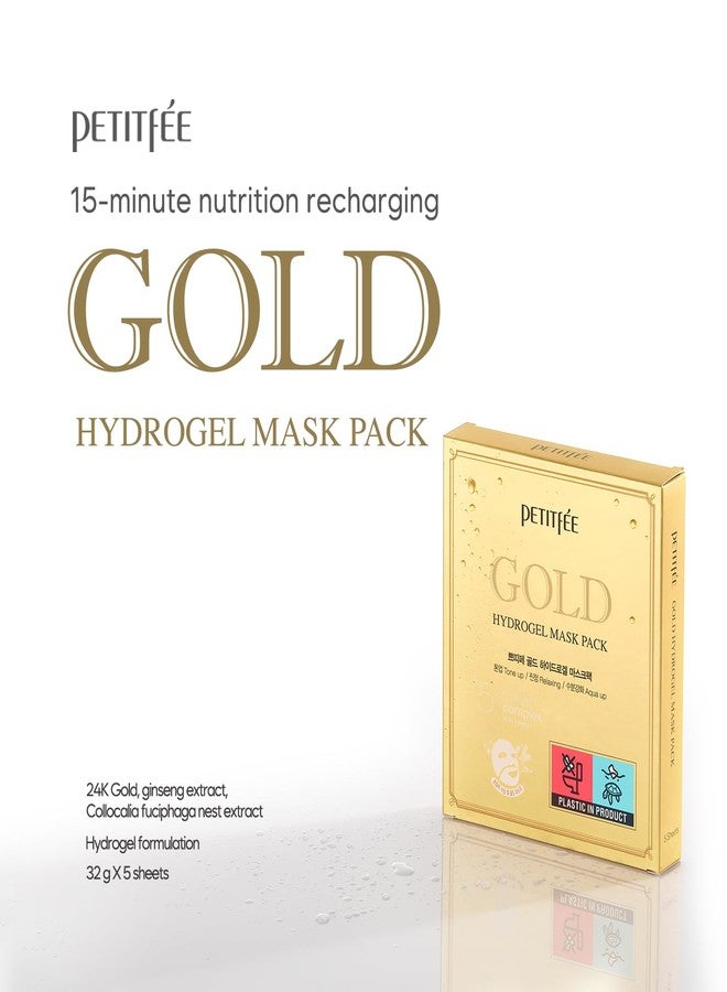Petitfee Gold Hydrogel Mask Pack 5ea - 24k Gold Face Mask for Moisturizing, Glow Skin, Hydrating, Skin Elasticity, Youthful Complexion, Ginseng, Collagen Facial Mask - Image 2